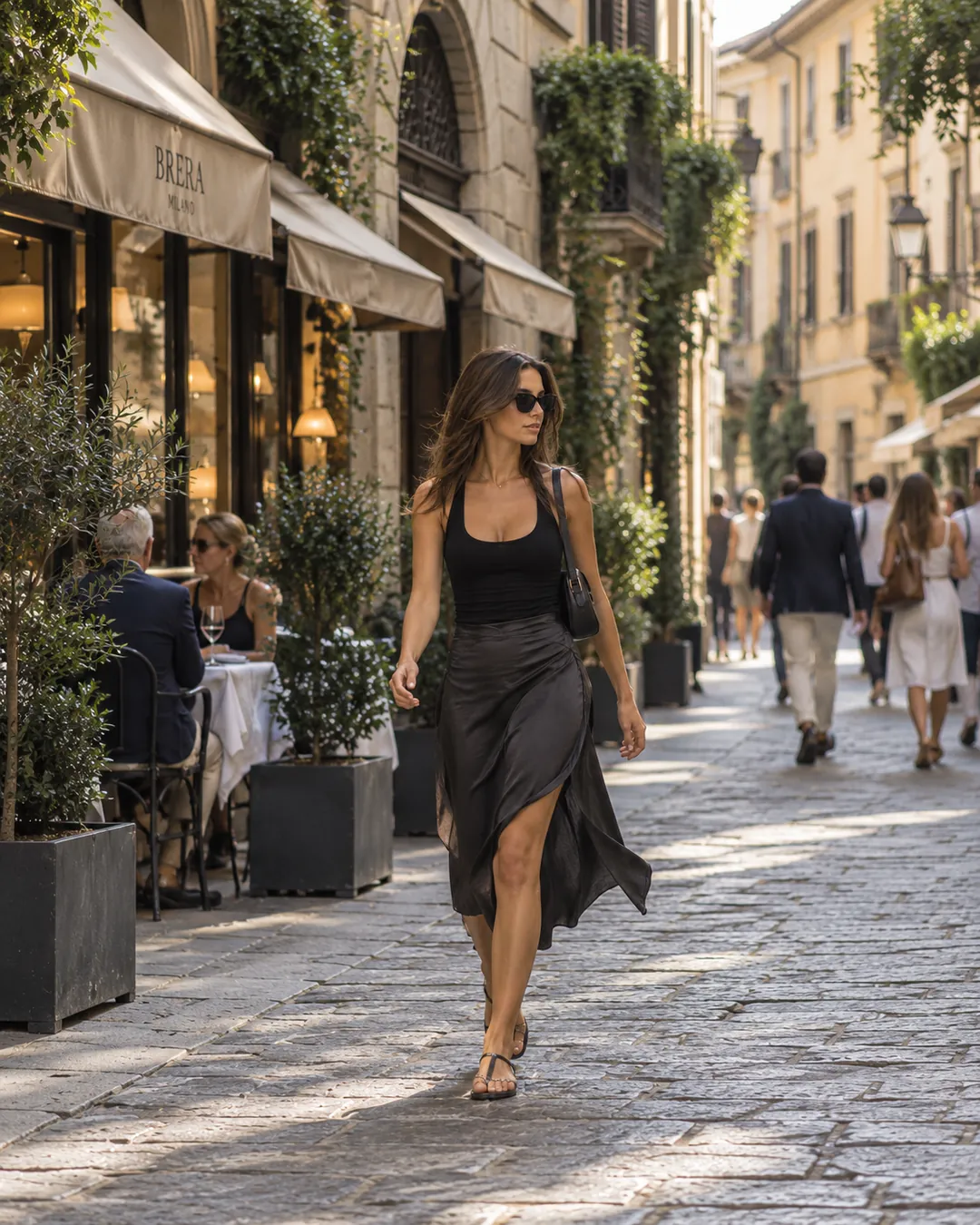 AI-generated wide street scene inspired by Brera, Milan, with a fictional adult woman in a dark outfit.