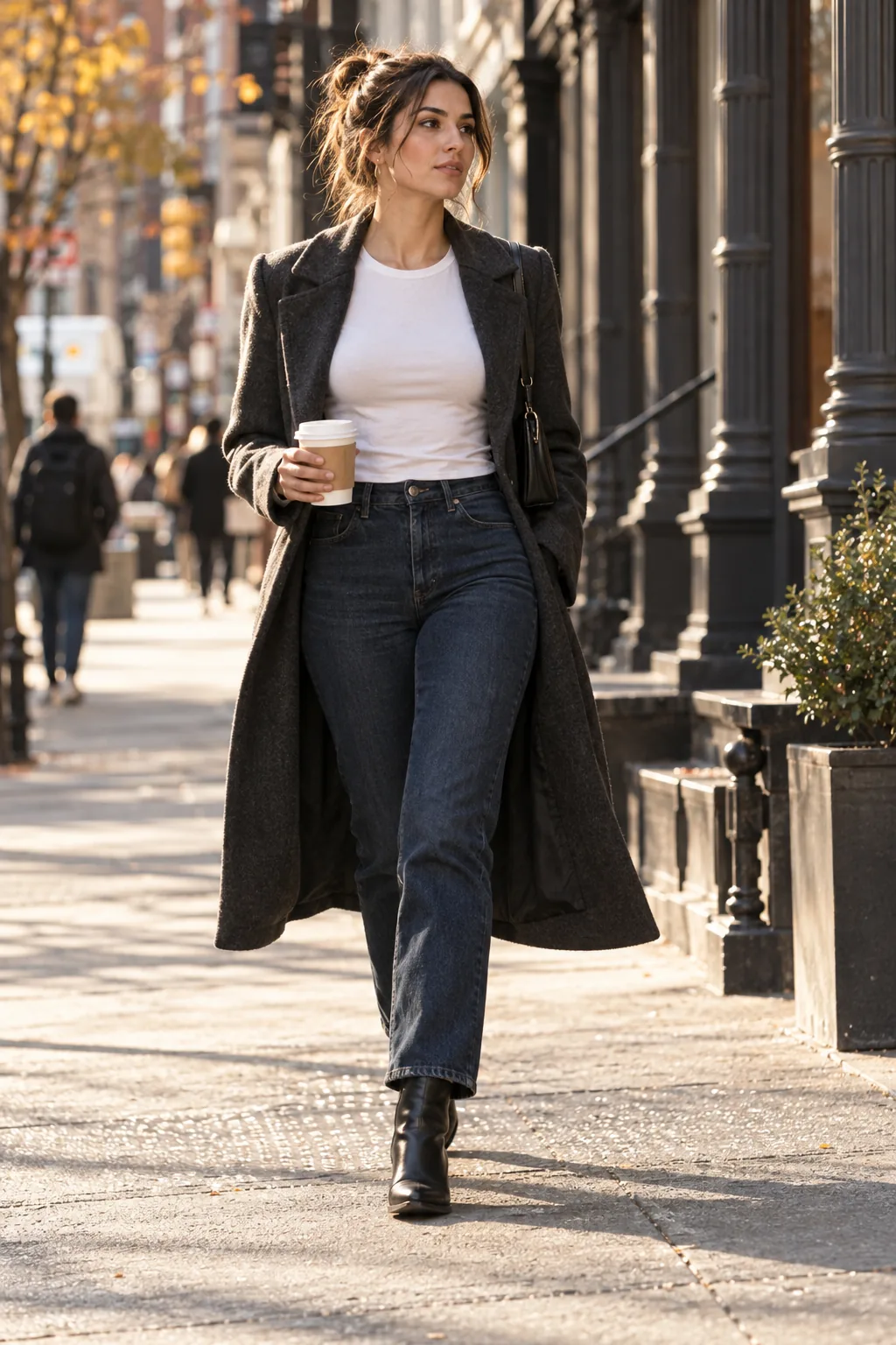 AI-generated adult woman in a charcoal coat, white T-shirt and dark jeans walking with coffee on a SoHo-inspired autumn street.