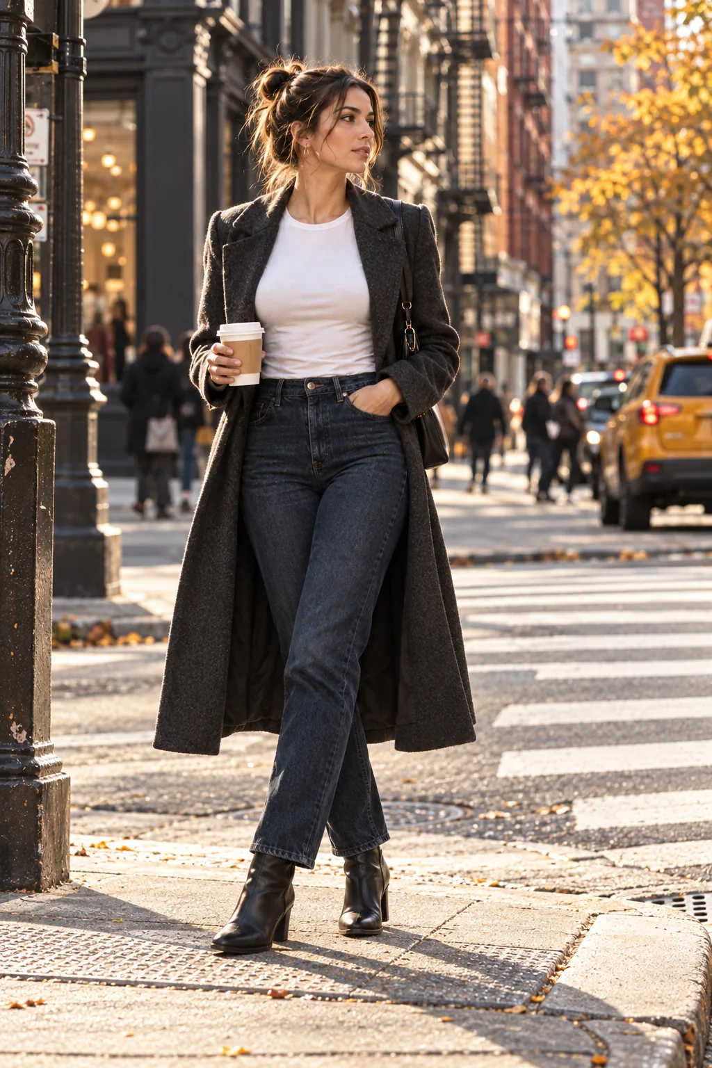 AI-generated adult woman holding coffee beside a crosswalk, wearing a charcoal coat and dark jeans.