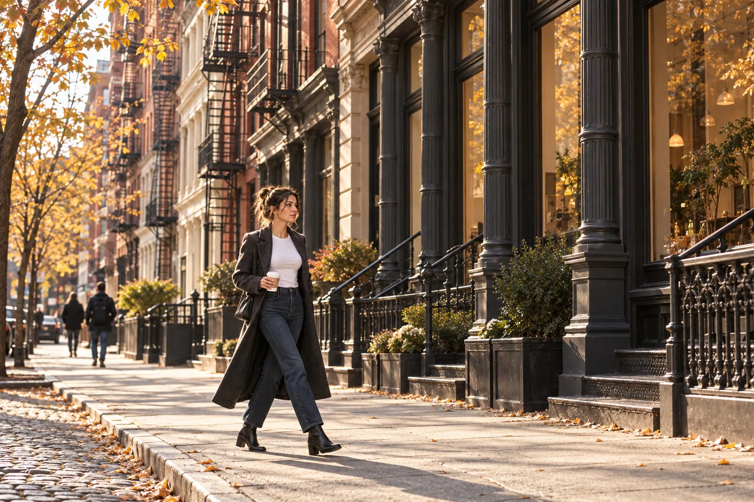 AI-generated wide view of an adult woman walking past cast-iron facades and autumn trees in a SoHo-inspired setting.