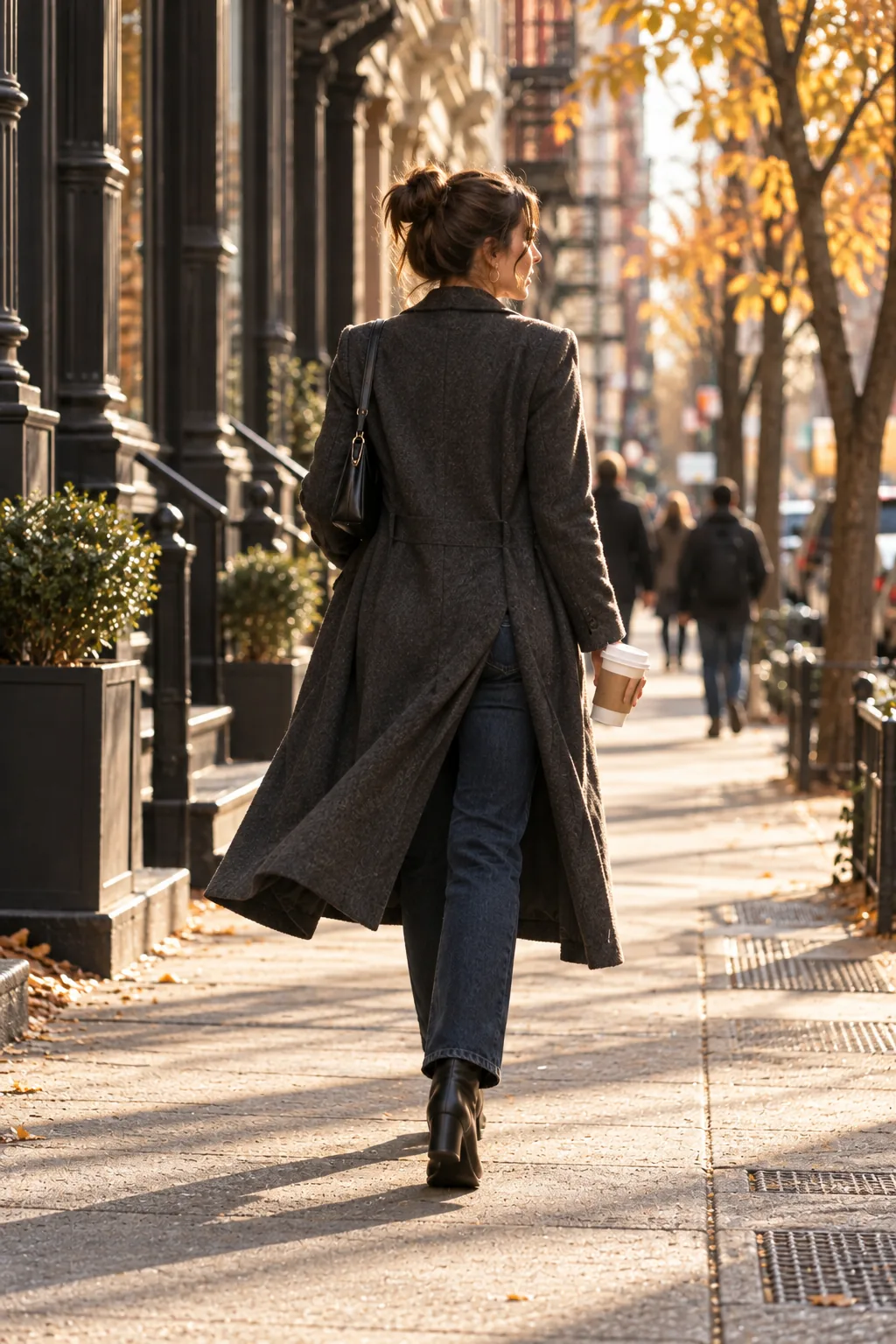 AI-generated rear view of an adult woman walking away in a flowing charcoal coat along a sunlit autumn sidewalk.