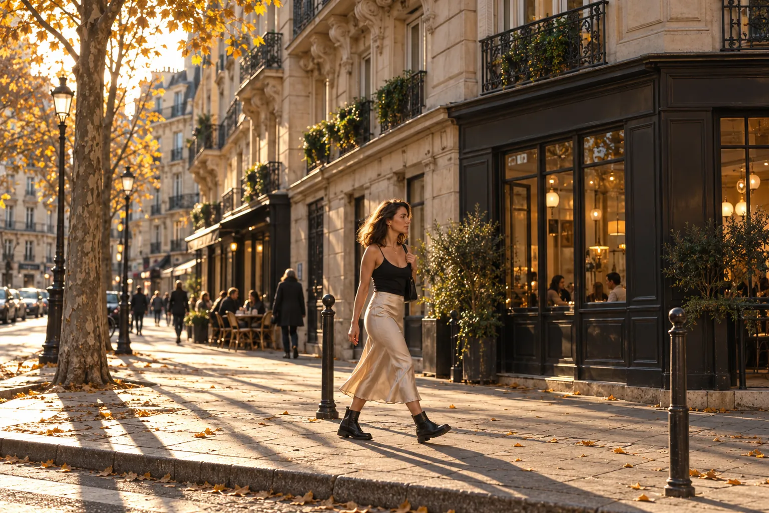 AI-generated wide view of an adult woman walking past limestone facades and a cafe in a Le Marais-inspired autumn setting.