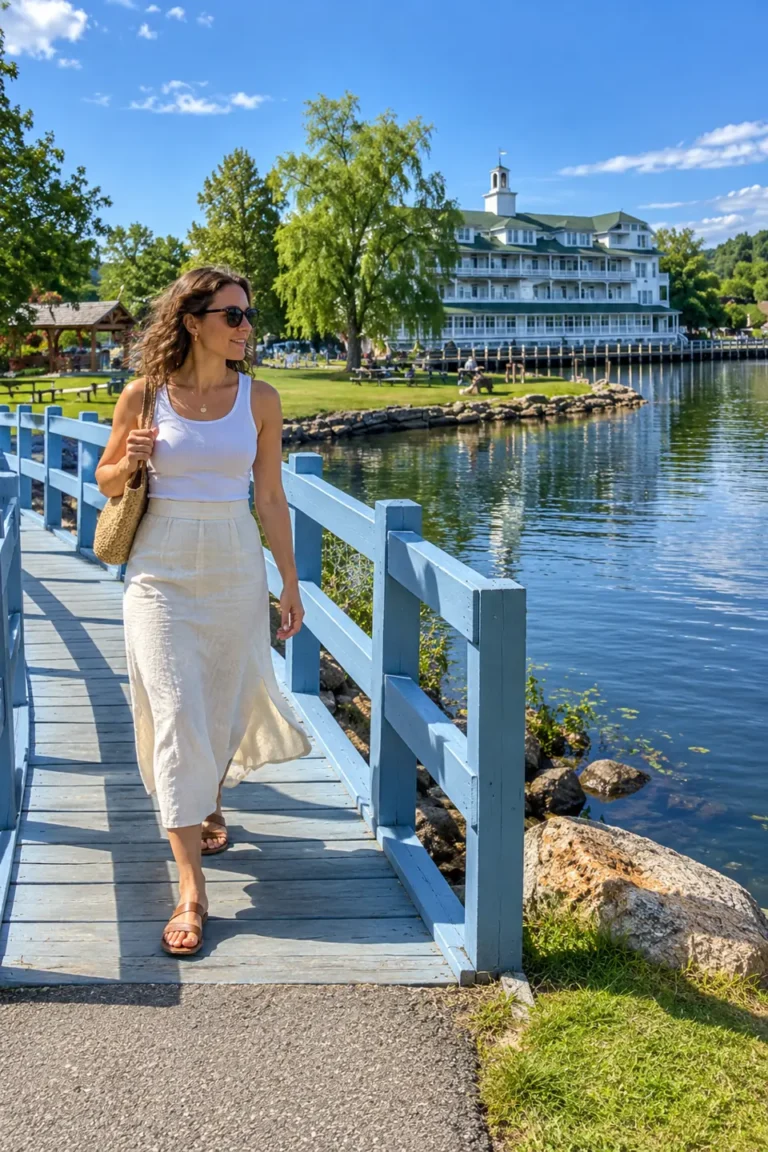 AI-generated adult woman in a white tank and ivory linen skirt walking on a pale blue bridge in a summer scene inspired by Meredith, New Hampshire.