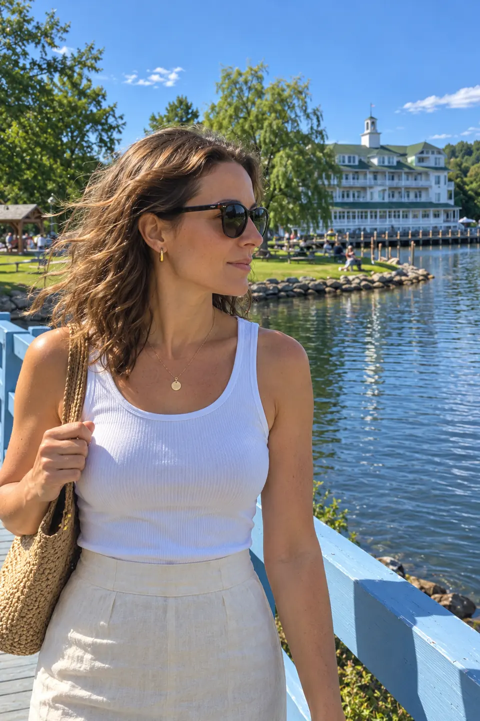AI-generated close portrait of an adult woman wearing dark sunglasses beside a lake, with a white waterfront building behind her.