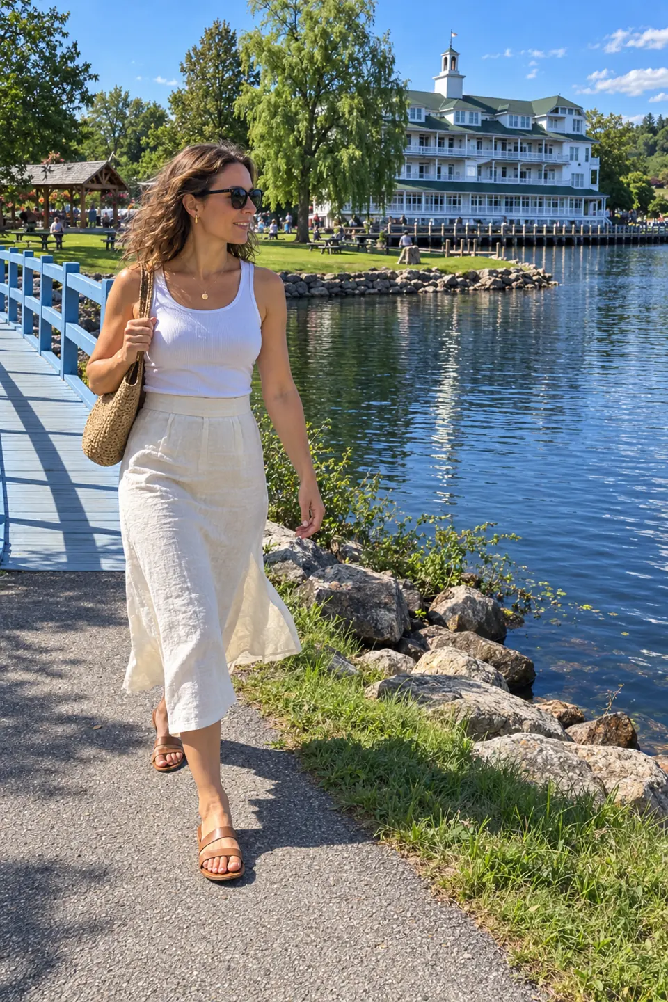 AI-generated adult woman walking beside a rocky lakeshore in a white cotton tank, ivory linen midi skirt and tan flat sandals.