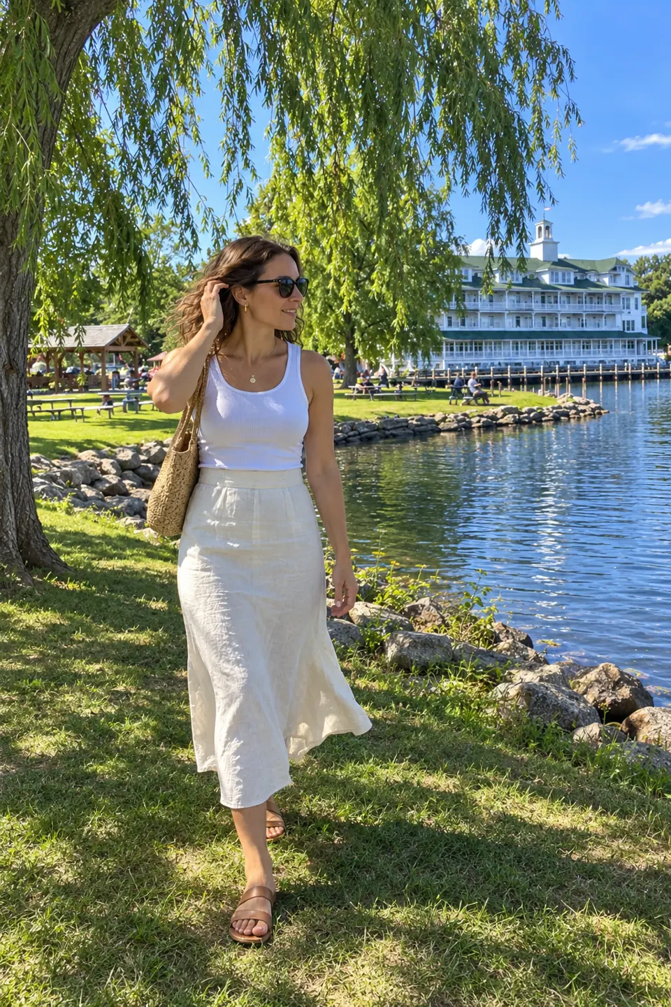 AI-generated adult woman tucking her hair behind her ear under a leafy willow beside a Meredith-inspired waterfront.