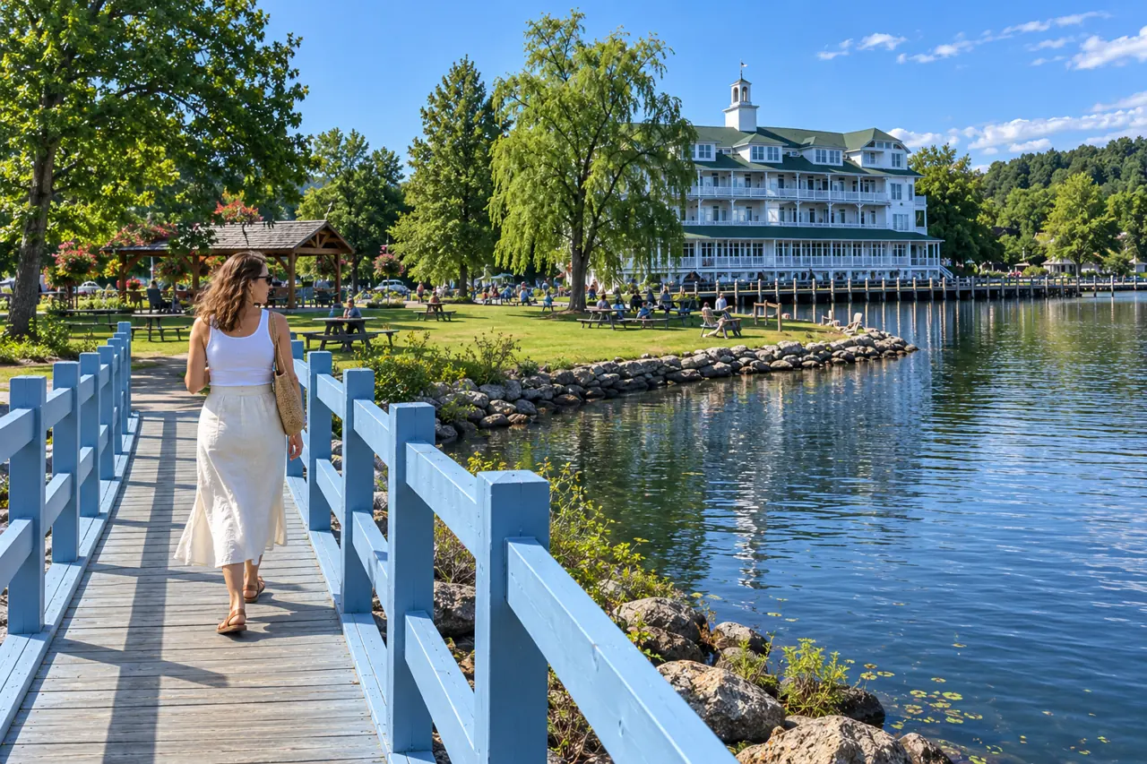 AI-generated wide summer view of a woman crossing a pale blue footbridge beside a lake, green lawn and white building inspired by Meredith.