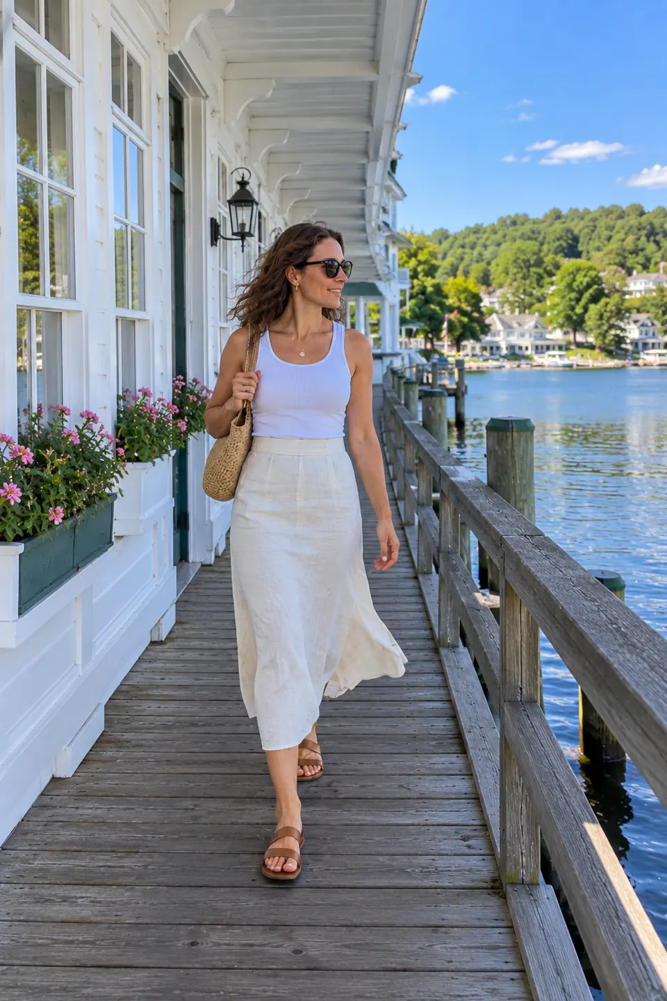 AI-generated adult woman in a white cotton tank and ivory linen skirt walking on a wooden boardwalk directly beside a white waterfront building, with flowers and lake views inspired by Meredith, New Hampshire.