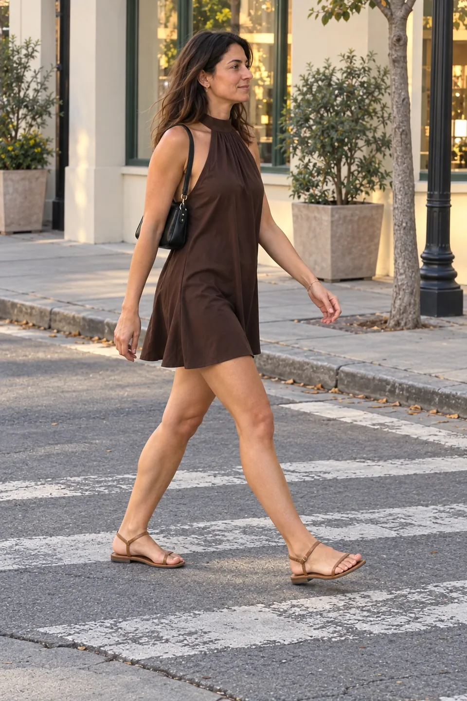 Side view of a fictional woman crossing a street in a loose brown halter mini dress and tan sandals.