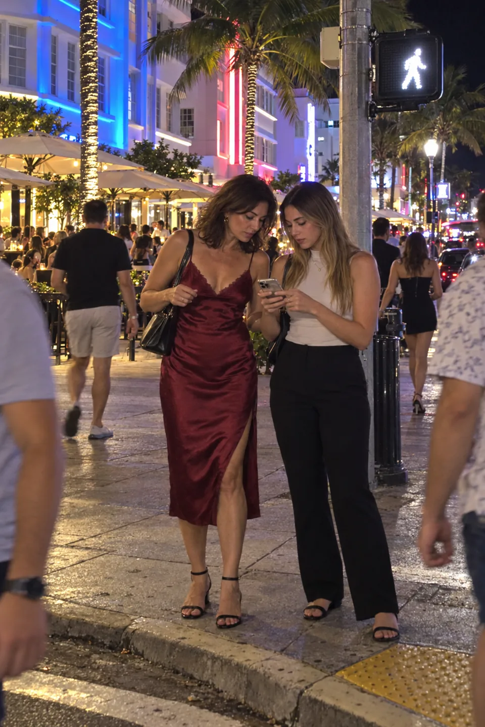 AI-generated mother in a burgundy satin midi dress checking directions on her adult daughter’s phone, in an imagined Ocean Drive night scene.